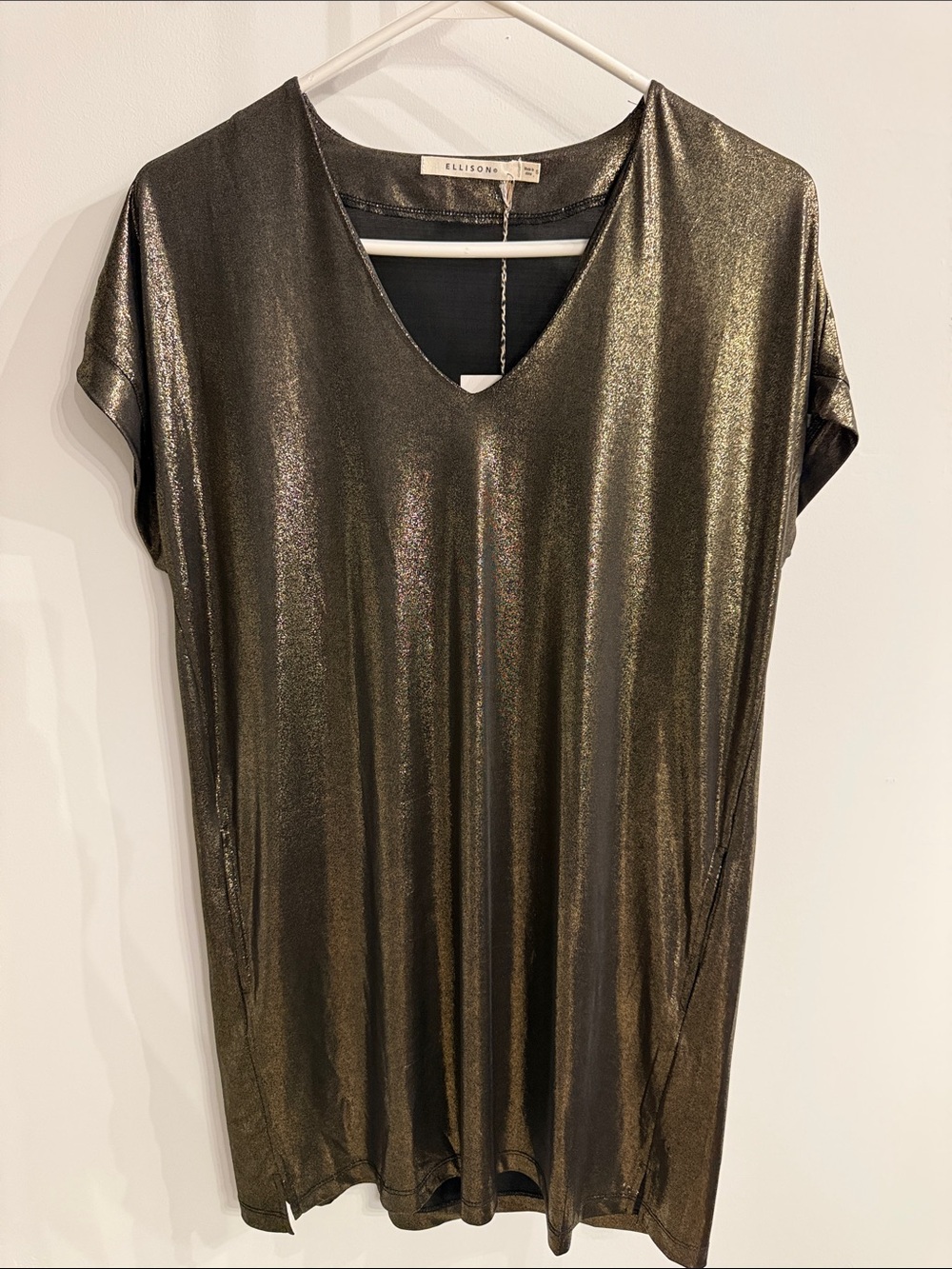 Ellison Shimmery Olive Metallic V-Neck dress with pockets